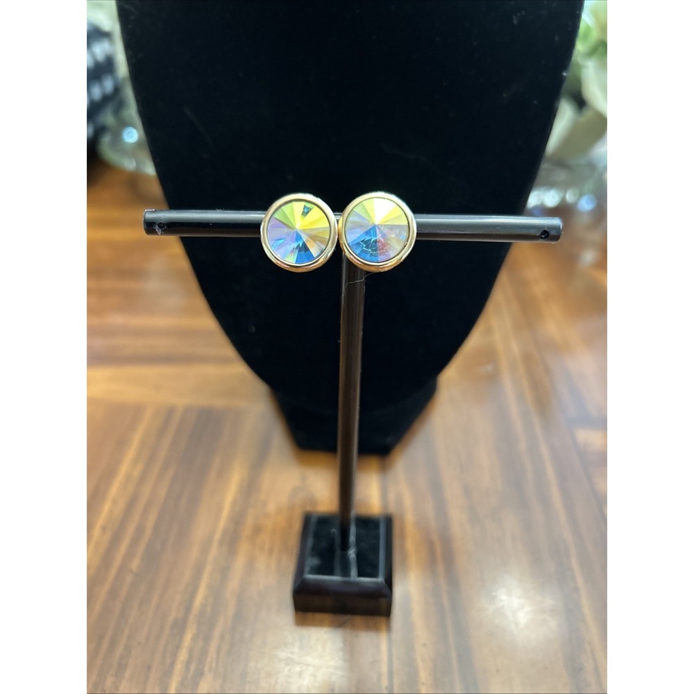 Avon Vintage Clip On Gold Tone Iridescent Stone Earrings